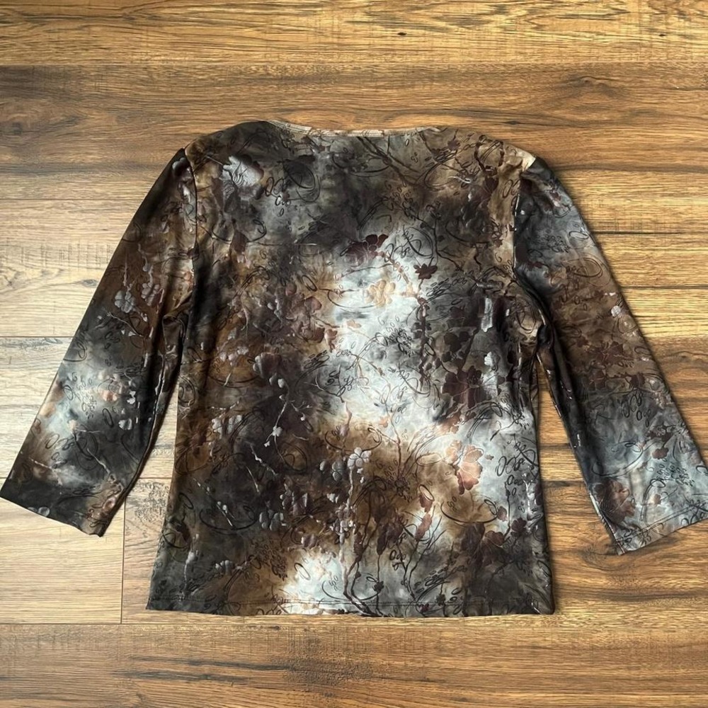 Brown Tie Dye Top 3/4 Sleeve Stretch Knit Blouse Women Medium Boho Whimsygoth - Picture 5 of 6